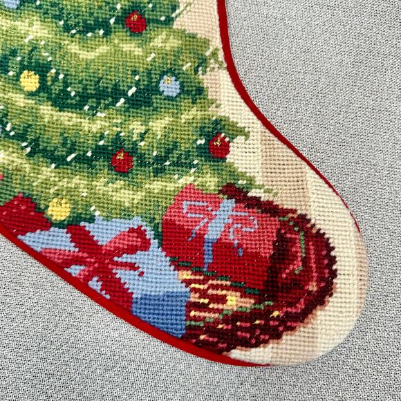 Lands’ End Needlepoint Christmas Stocking Wool Holiday Tree Red Velvet 18” - Picture 3 of 13